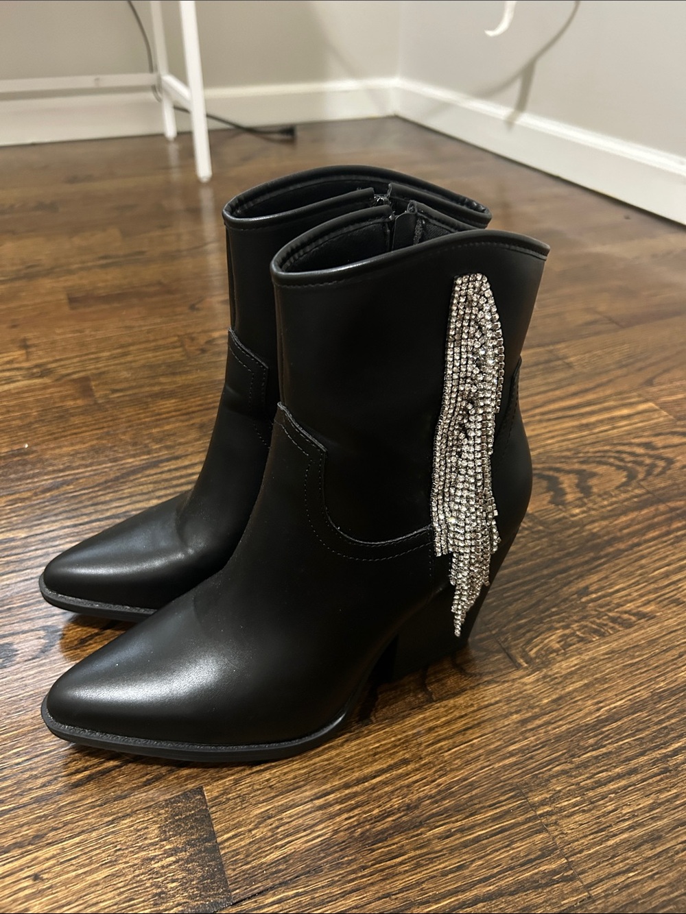 Forever 21 Black Pointed-Toe Ankle Boots with Rhinestone Fringe